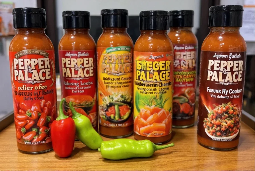 Pepper Palace hot sauce varieties displayed on wooden table with fresh peppers