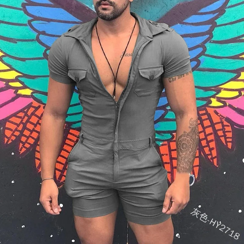 

Rompers New Design Men Streetwear Short Sleeve Denim Solid Color Casual Slim Fit zipper Tops Male Jumpsuit for men