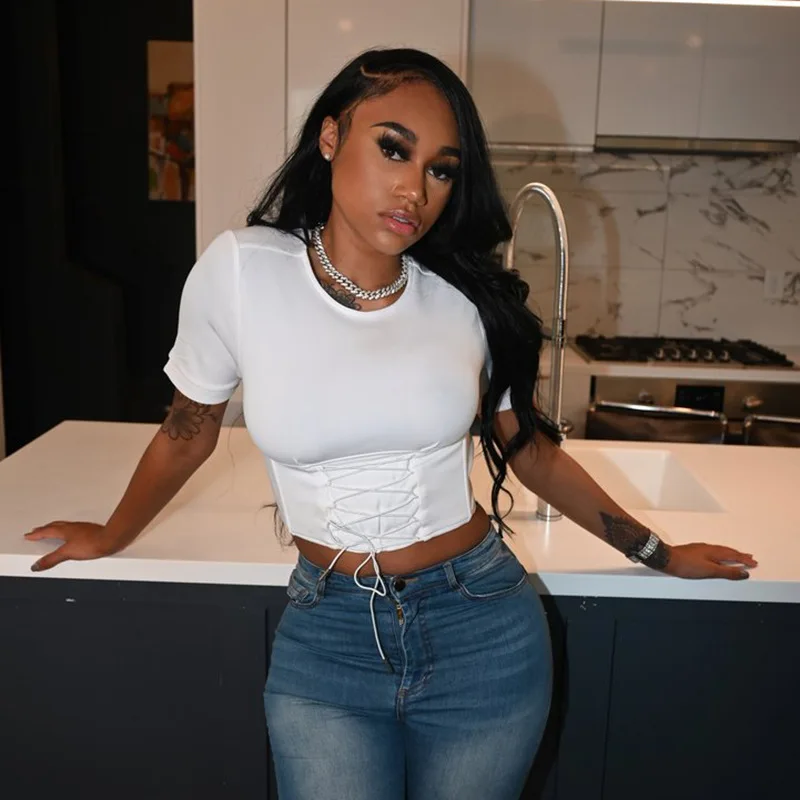 

Waist Tie T-Shirt Casual Personality Simple Short Sleeve Round Neck Short Sleeve Women Shorts Sleeve T-shirts