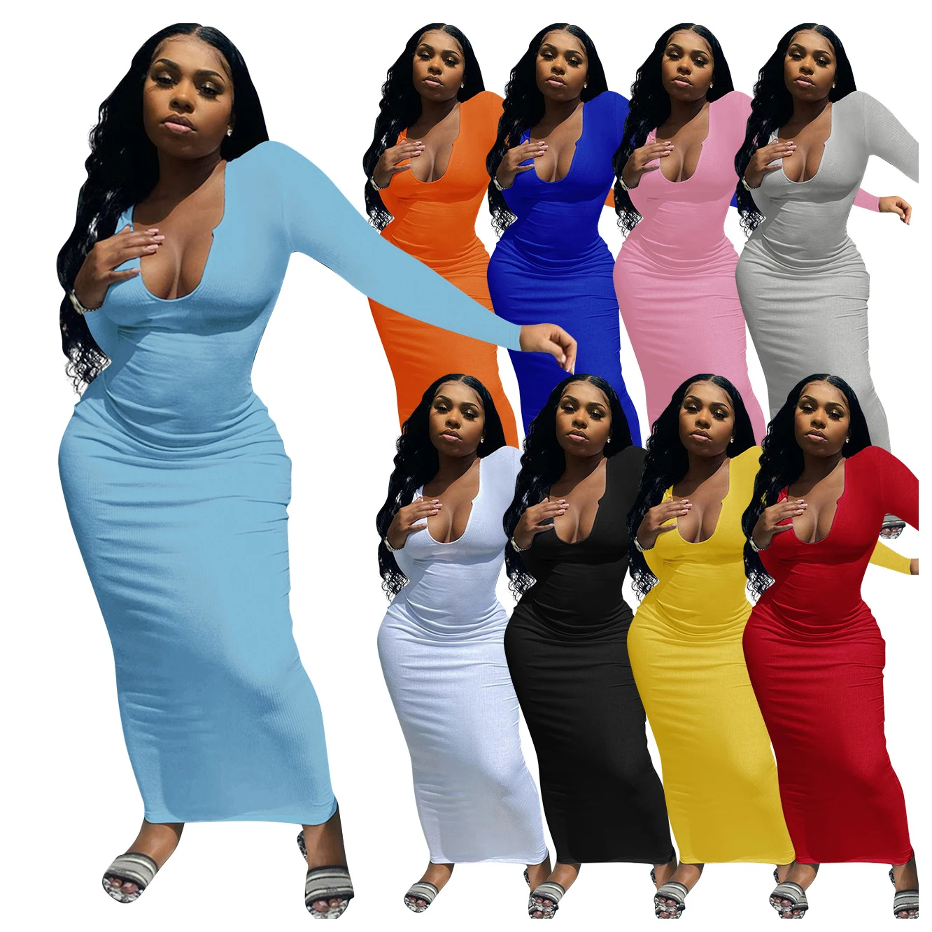 

JEAN New Style Long Sleeve Solid Color Casual Dress Women Long Dress Summer Dress 2021