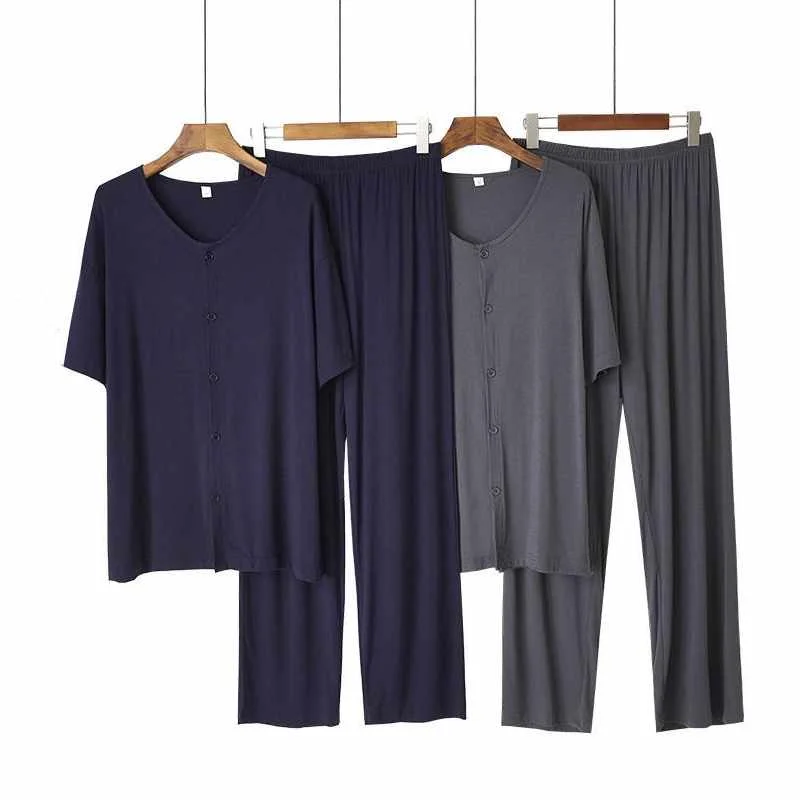 

Korean pajamas men's spring and autumn cotton home wear loose casual V-neck cardigan short sleeve trousers home suit, Required