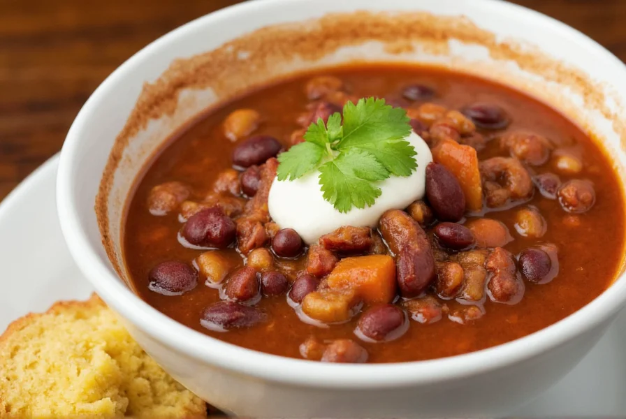 Finished bowl of chili with beans topped with fresh cilantro and sour cream, served with cornbread