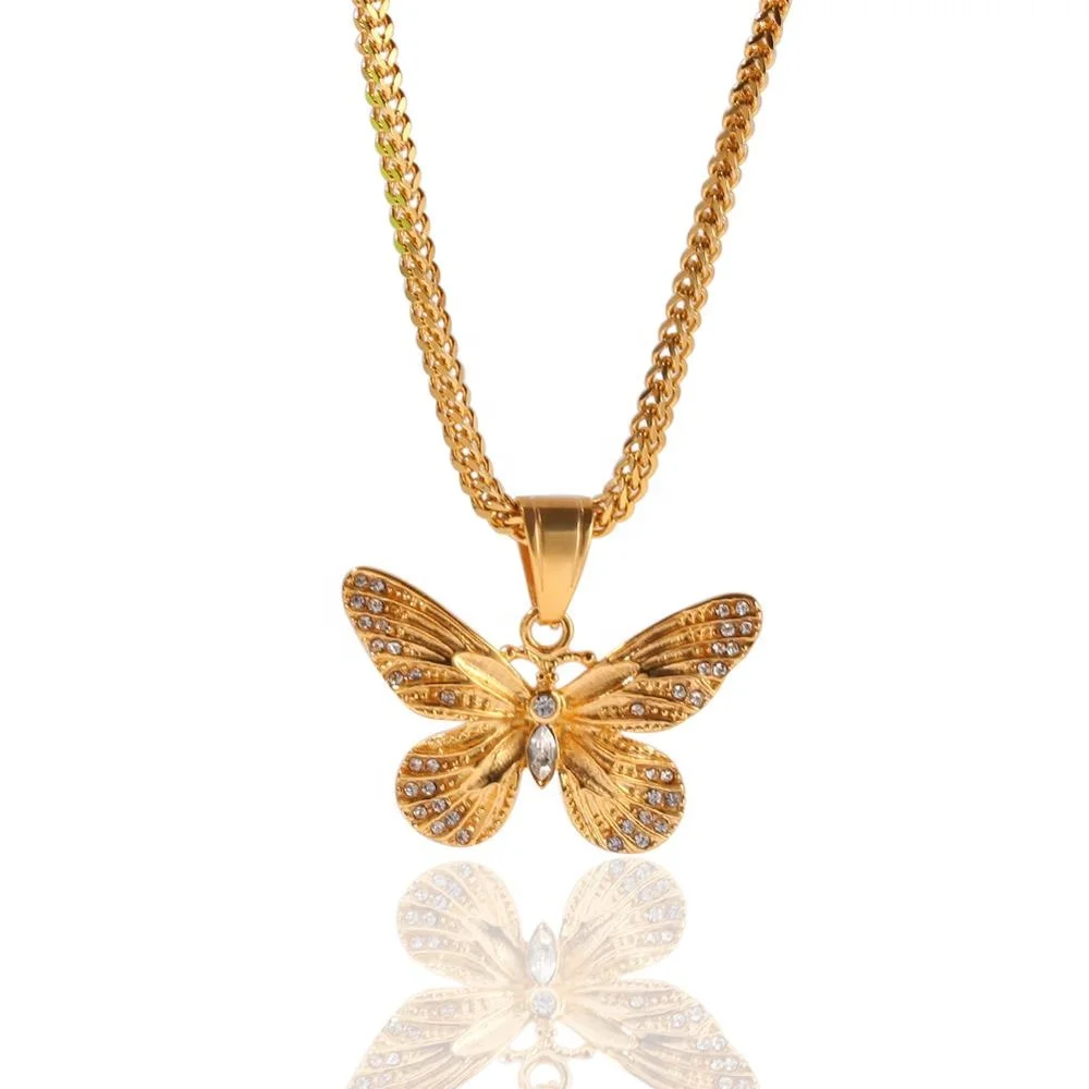 

Stainless Steel Zircon Diamond Butterfly Necklace Gold Chain Hip hop Jewelry for Women