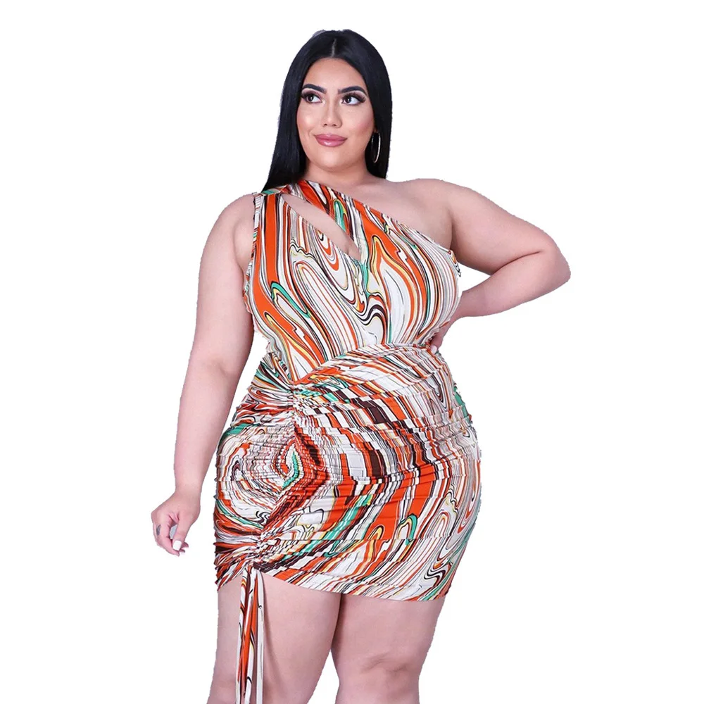 

QC - 9198 L-4XL Best selling fashion summer women one shoulder party wear printed pleated dresses lace up plus size women dress