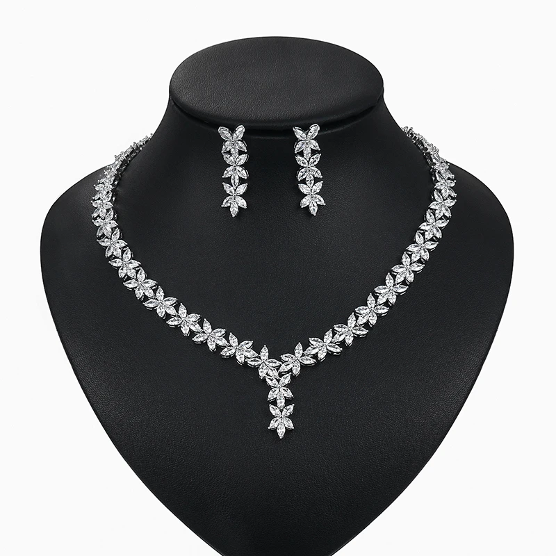 

2021 New Arrival Customize Flower Cubic Zirconia Jewelry CZ Wedding Necklace snd Earrings Rhodium Plated Jewelry Set