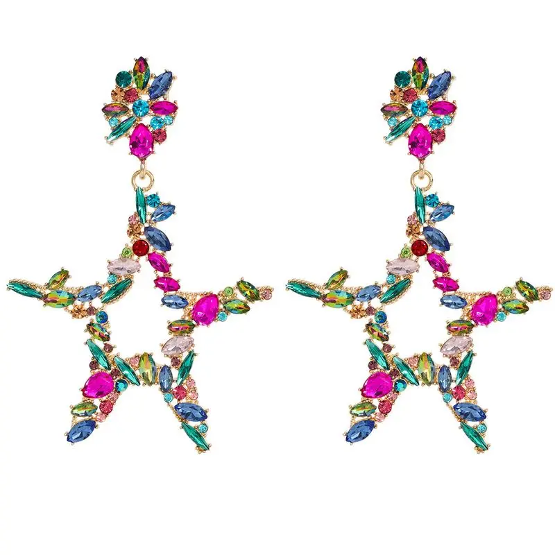 

Fashion 18K Gold Plate Star Drop Earrings Colorful Rhinestone Colored Diamond Earrings Women Jewelry Accessories