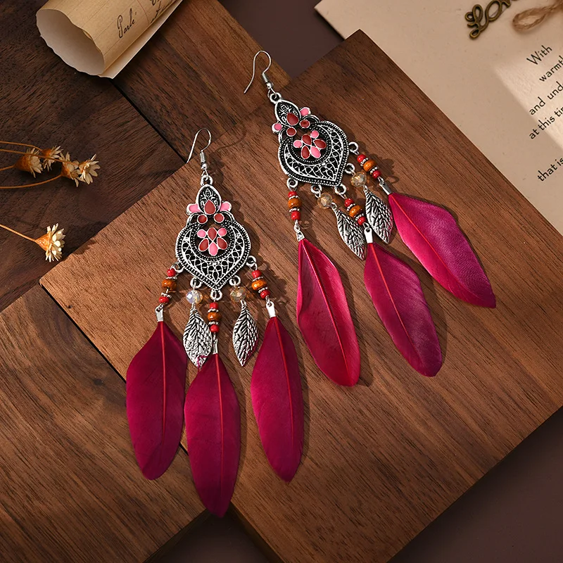 

2023 Fashion Popular Antique Silver Enamel Heart Feather Earring Beach Style Earrings