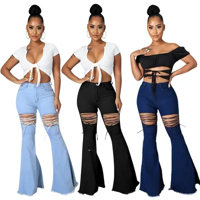 

Cyz009 European and American women's wear Amazon cross border summer new solid color leisure washing strap jeans flared pants