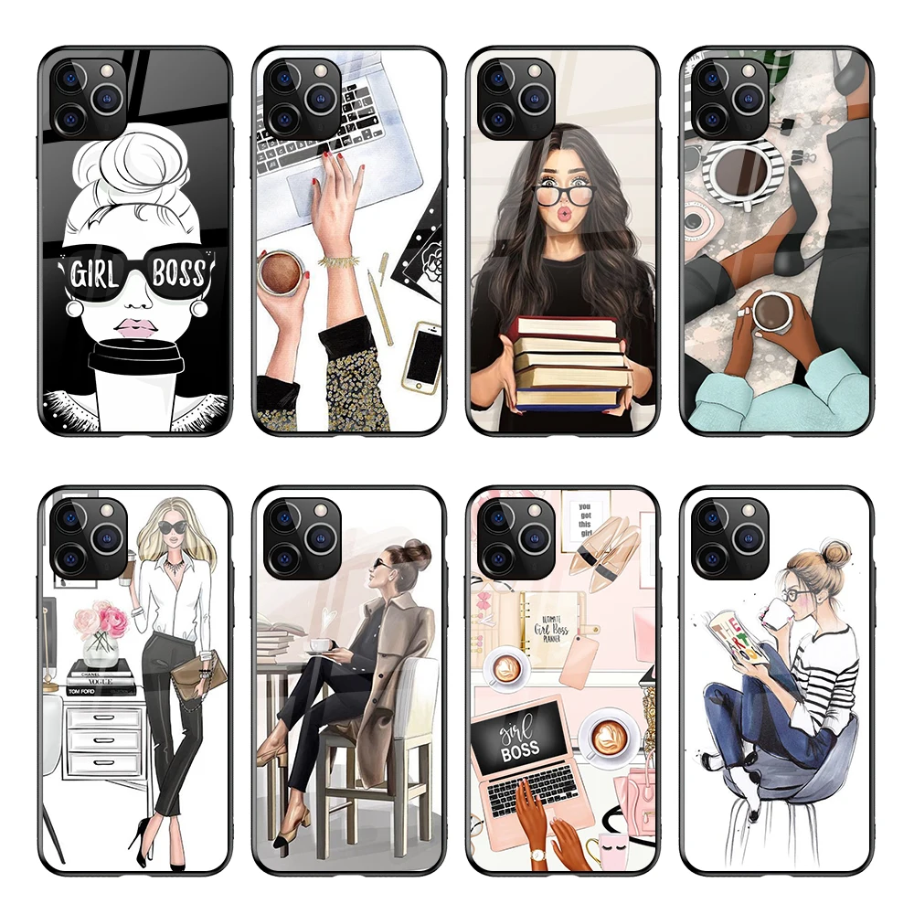 

Custom Cases for iPhone 12 Pro Max Hard Back Cover for Samsung S21 Tempered Glass Cell Phone Case Girl Boss Lady, Black