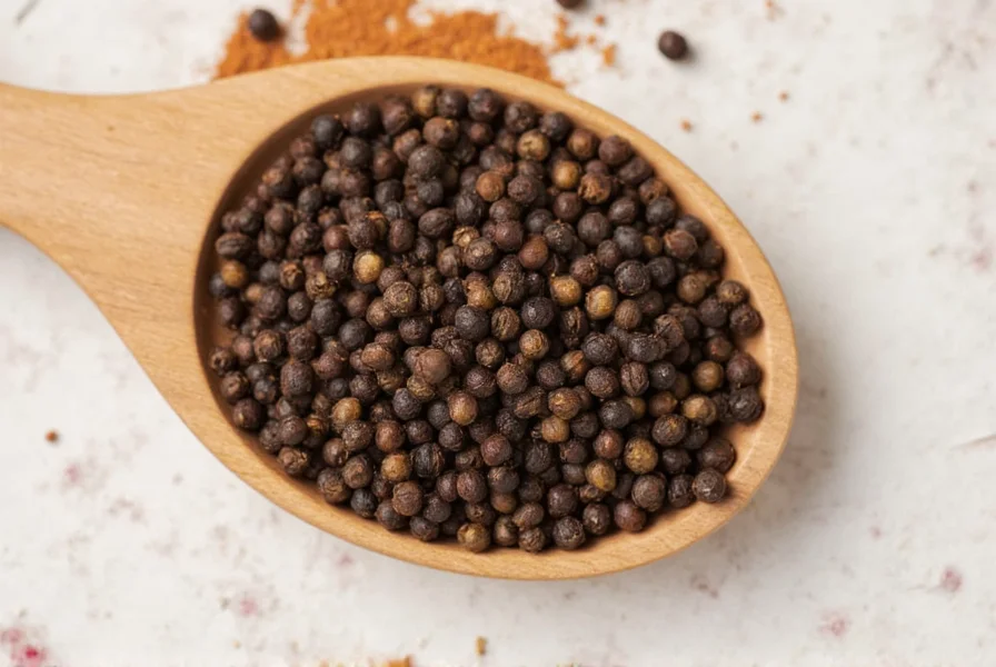 Assorted spices including black pepper, ginger root, and mustard seeds