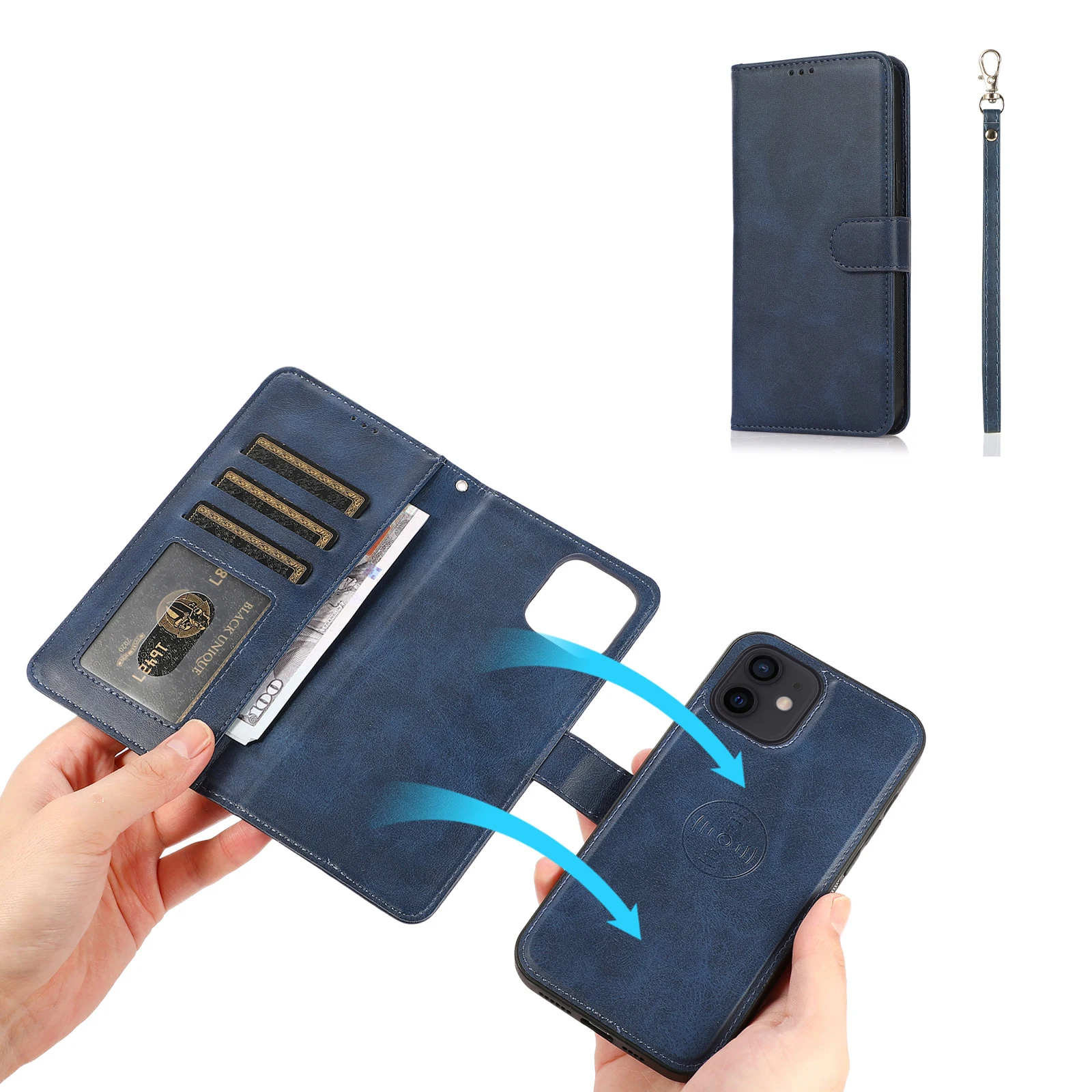 

Magnetic Leather Phone Case Wallet Flip Cover with Card Holder and Wrist Strap  12/12 Pro