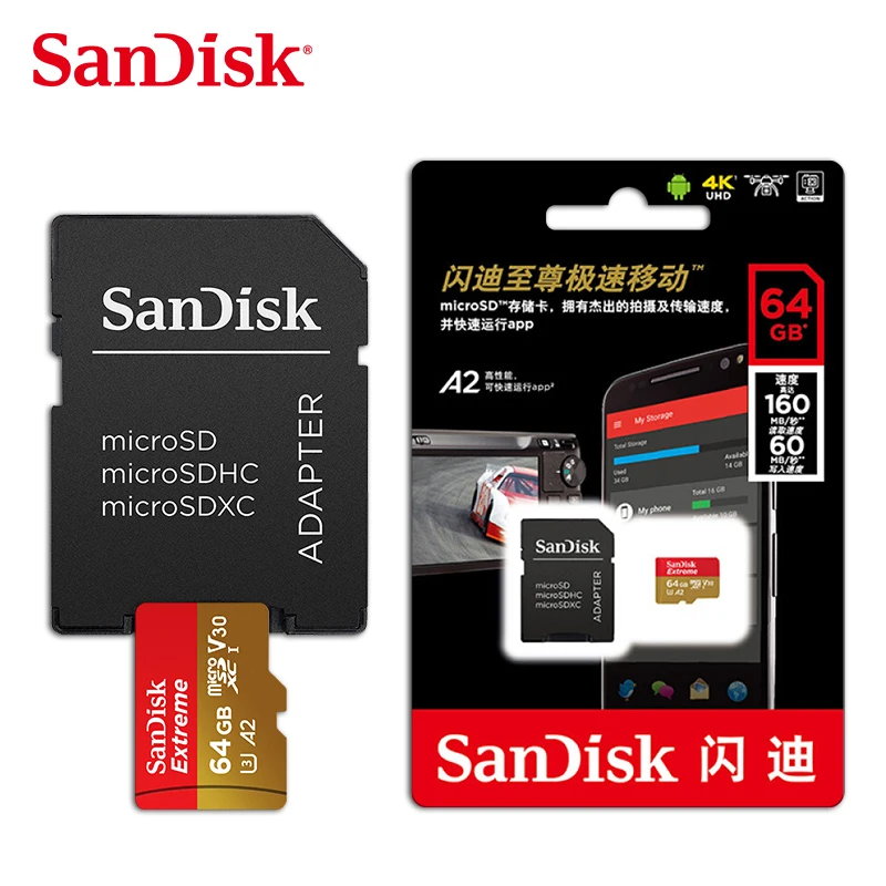 Sandisk A2 Extreme Micro Sd Card 64gb U3 32gb Memory V30 100mb/s