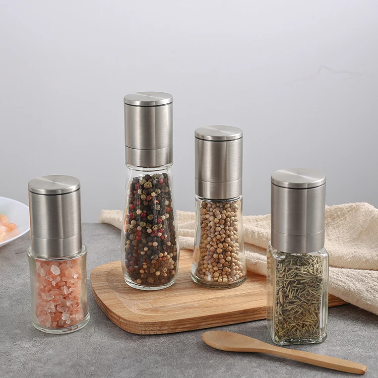 

Salt and pepper mill ceramic Adjustable glass 18/8 Stainless steel Upside down Mill with 70ml bottle jar, Customized available