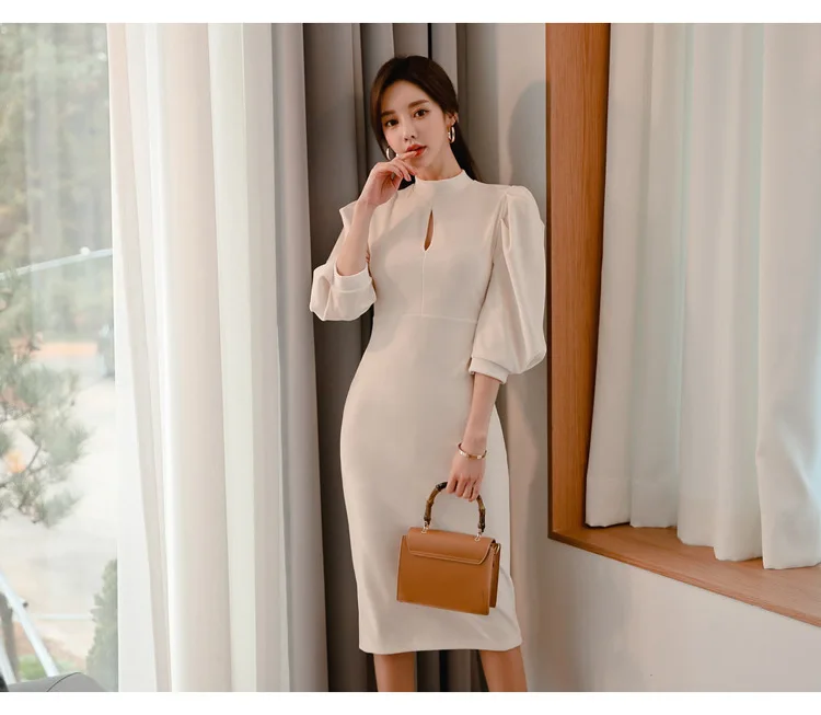 2020 spring and summer new female slim mid-length stand-up collar lantern sleeve fashion hip dress