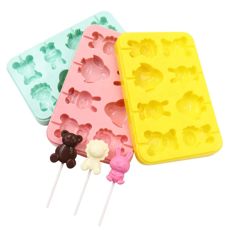 

Custom Food Grade Handmade Silicone Chocolate Mold With Lid Diy 8-Cavity Cartoon Animal-Shaped Lollipop, Pink,green,yellow