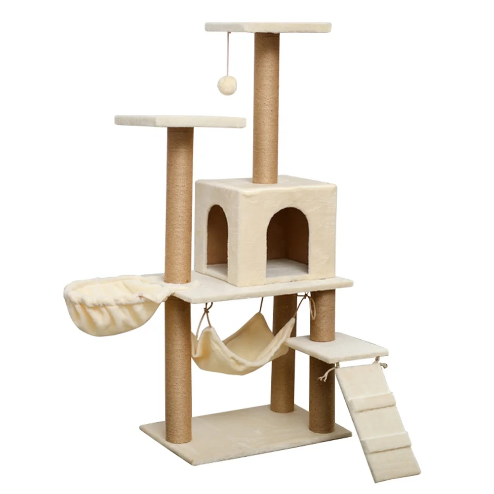 

Pet Cat Product Tall Modern Wood Gray Floor To Ceiling Multi-Level Cat Tower Wood Cat Tree