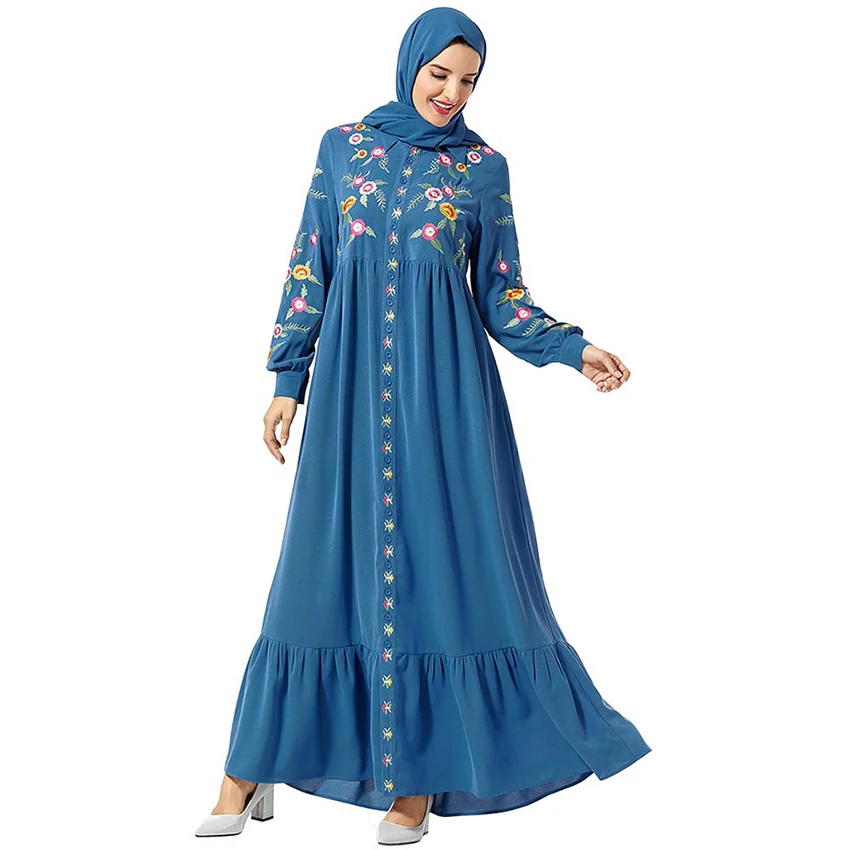 

Plus size women's floral embroidered front placket single-breasted fashion and comfortable multi-layered pleated large swing dre