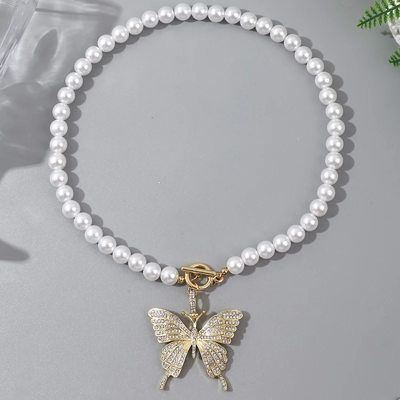 

New Large Butterfly Necklace Gold Filled Butterfly Layered Necklace Woman Crystal Pendant Choker Statement Pearl Necklace 2021