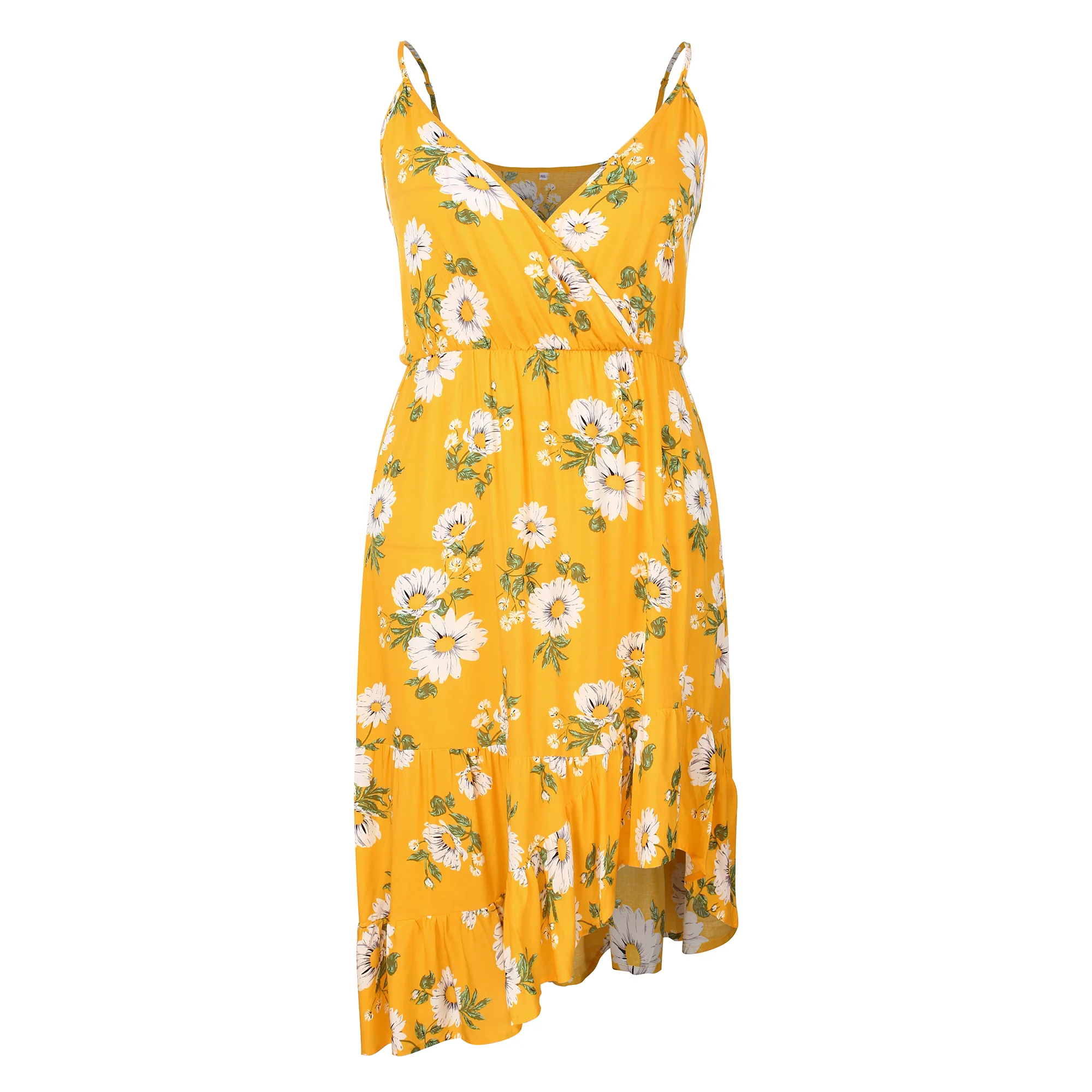 

Top Hot Product Large Stock Flower Print Casual Shoulders Plus Size Dress For Holiday, Yellow/navy