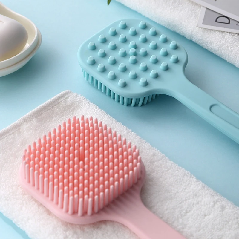 

Soft and Stiff Massage Bristles Bath Body Exfoliating Cleaner Silicone Shower Brush with Long Handle, Colorful