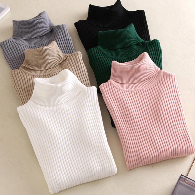 

Casual Rib Jumper Throat Female Pull Clothing Coat 2021 Spring Summer Women Knitted Foldover Turtleneck Sweater Pullover, Black white pink