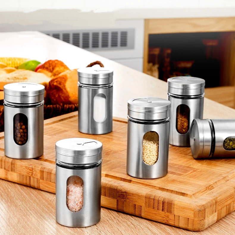 

customized 90ml Round glass salt and pepper condiment containers spice jars glass bottle with metal screw lid, Silvery white