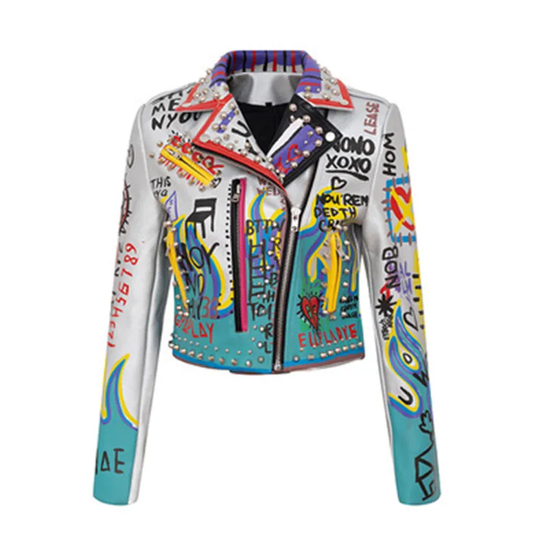 

Printed contrast color motorcycle leather jacket women's short coat women's slim top, Customized color