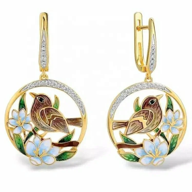 

Vintage Fashion Statement Earrings Enamel Bird Flower Painted Drop Earrings For Women Earring Jewelry