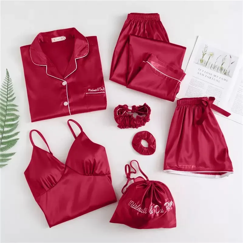 

Sleepwear Women Pajama Shirt Sets Satin Night Wear Suits 7 Pieces Women Lounge Wear, As picture shows