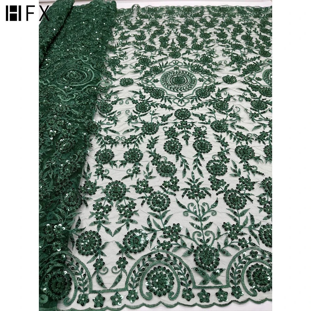 

HFX Fashion Luxury Bead African Lace Fabric 2021 High Quality Nigerian Wedding Bridal Embroidery French Tulle Lace Fabric H5867, Green