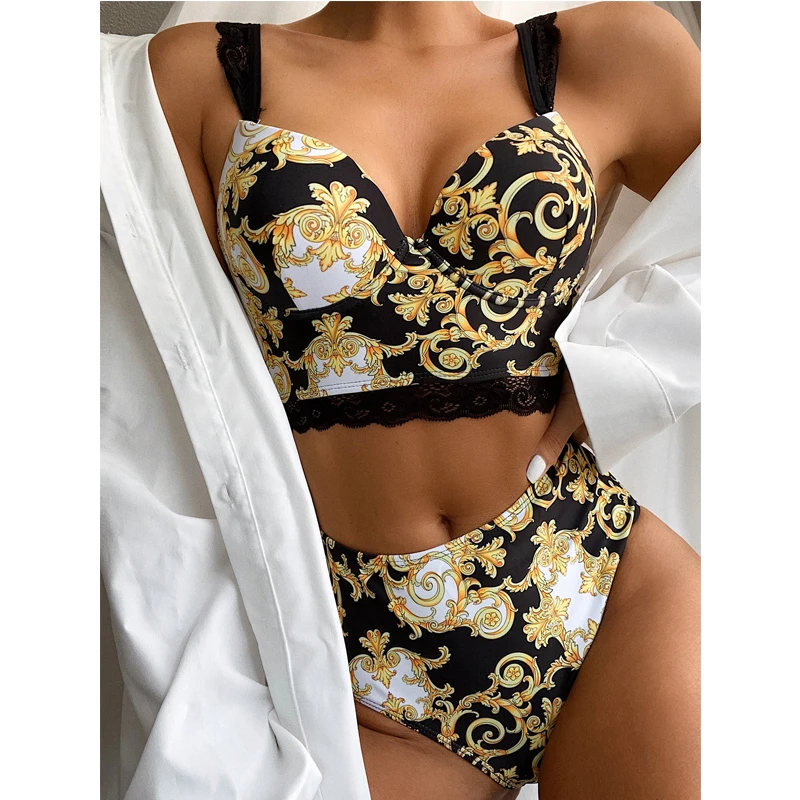 

2021 Swimwear Split Swimsuit Lace Shoulder Strap Print High Waist Bikinis SwimSuit Swim wear Women Bathing Suit female, As pics