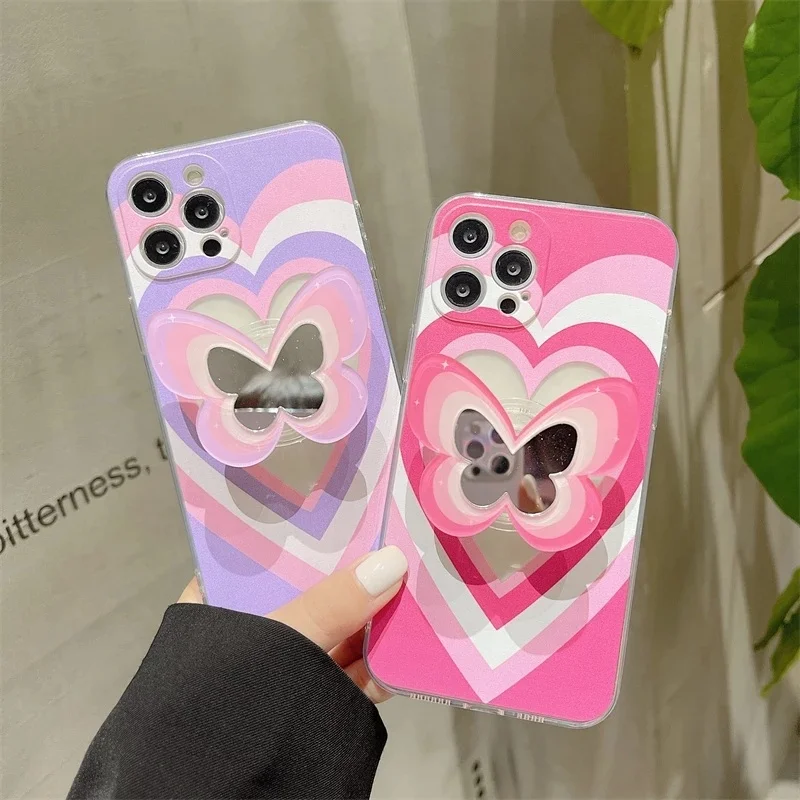 

Pink Love Heart Holder Stand soft clear phone case for iPhone 13 11 12 Pro Max XR X XS Max 7 8 Plus Mirror Cute Butterfly Cover