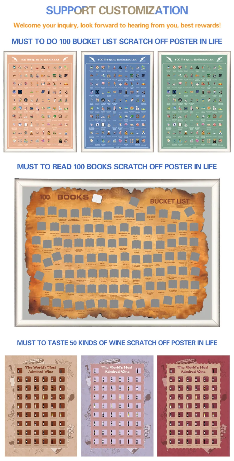 Must to Read 100 Books Paper Poster Bucket List Scratch Off World Map Poster