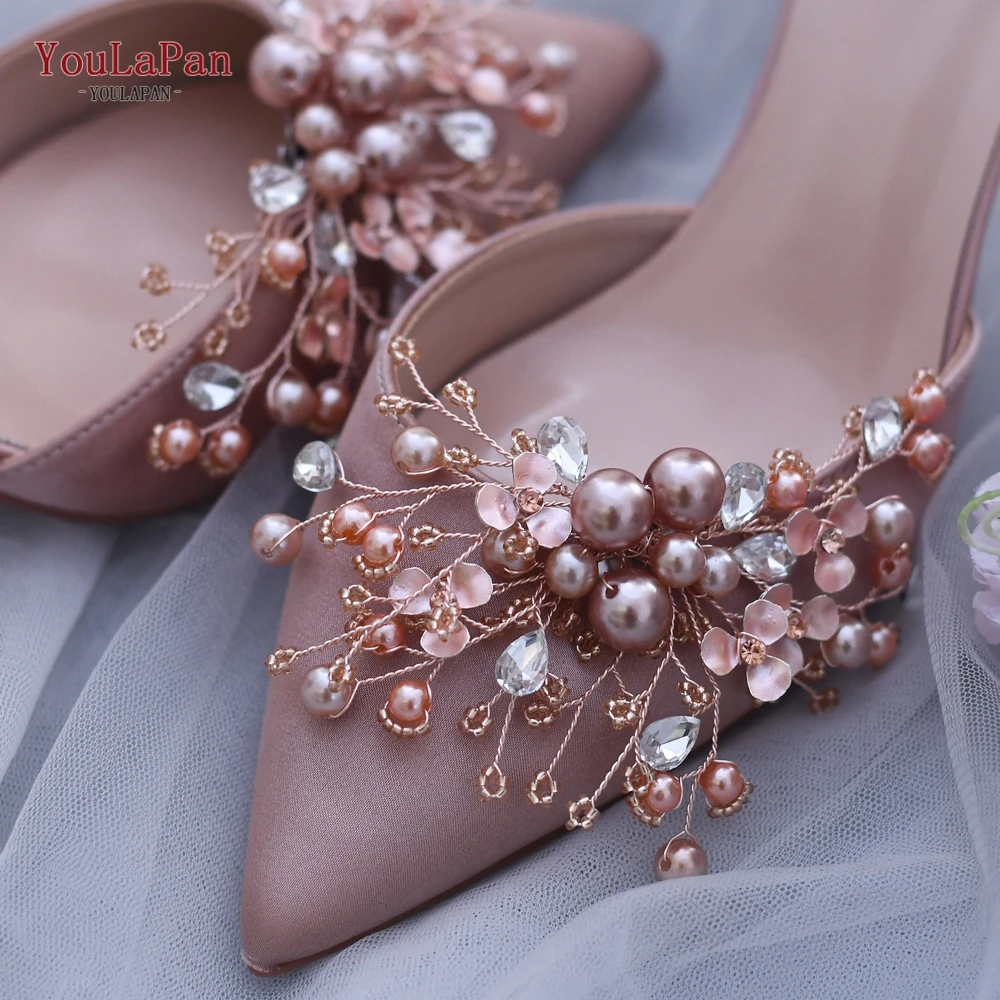 

YouLaPan X18 Rose Gold Color Alloy Flower Wedding Shoe Clips ,Bridal Shoe Buckle with Crystal Beads, Ros gold