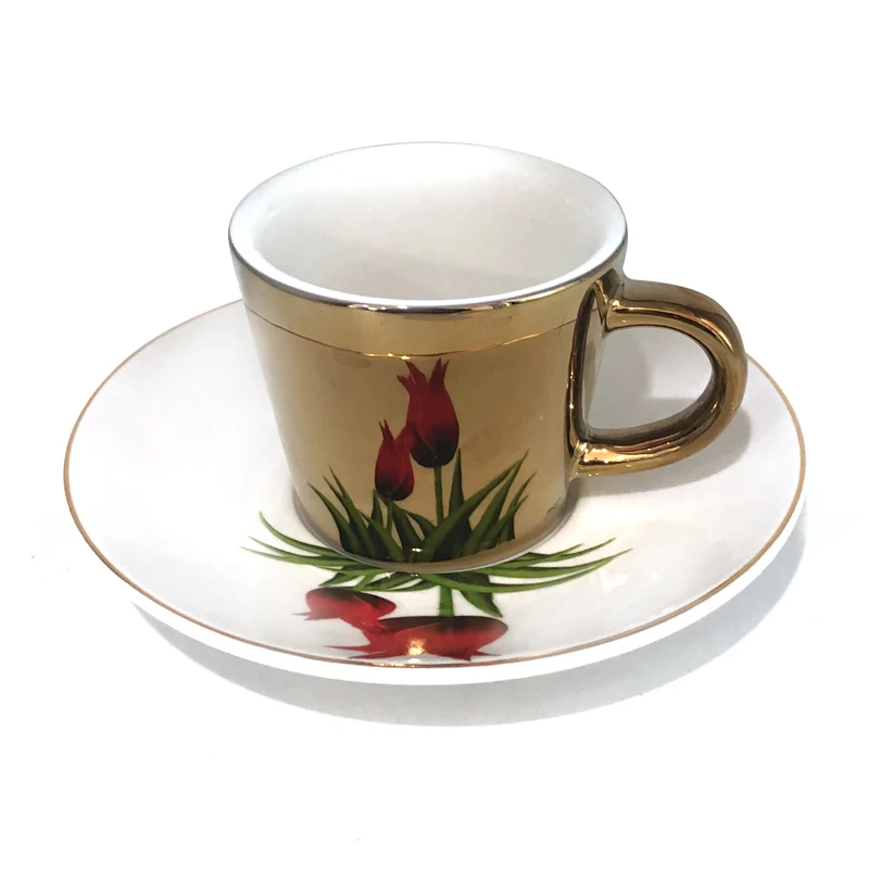 

China manufacturer cheap porcelain cup saucer set with reflective plating mirror decoration for coffee or tea, Gold/silver