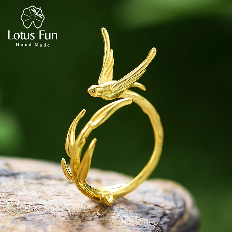 

Lotus Fun 18K Gold Swallow Willow 925 Sterling Silver Irregular Asymmetric Ring Women's Jewelry 2023 Trend Original Jewelry