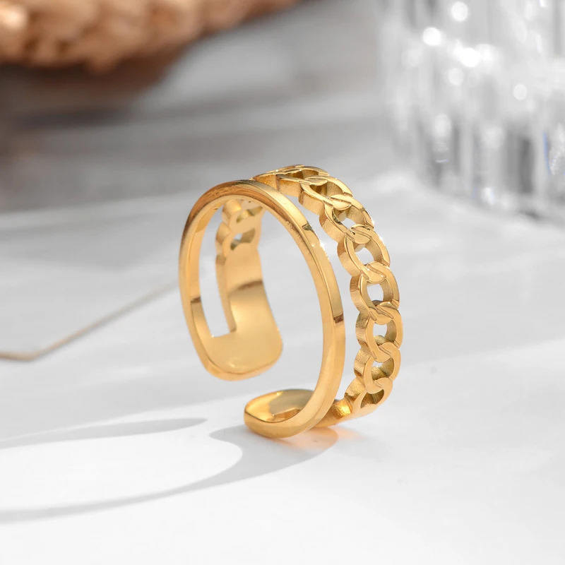 

Fashion Jewelry Stainless Steel Cuban Chain Open Ring Hypoallergenic 18K Gold Plated Stacking Rings for Women
