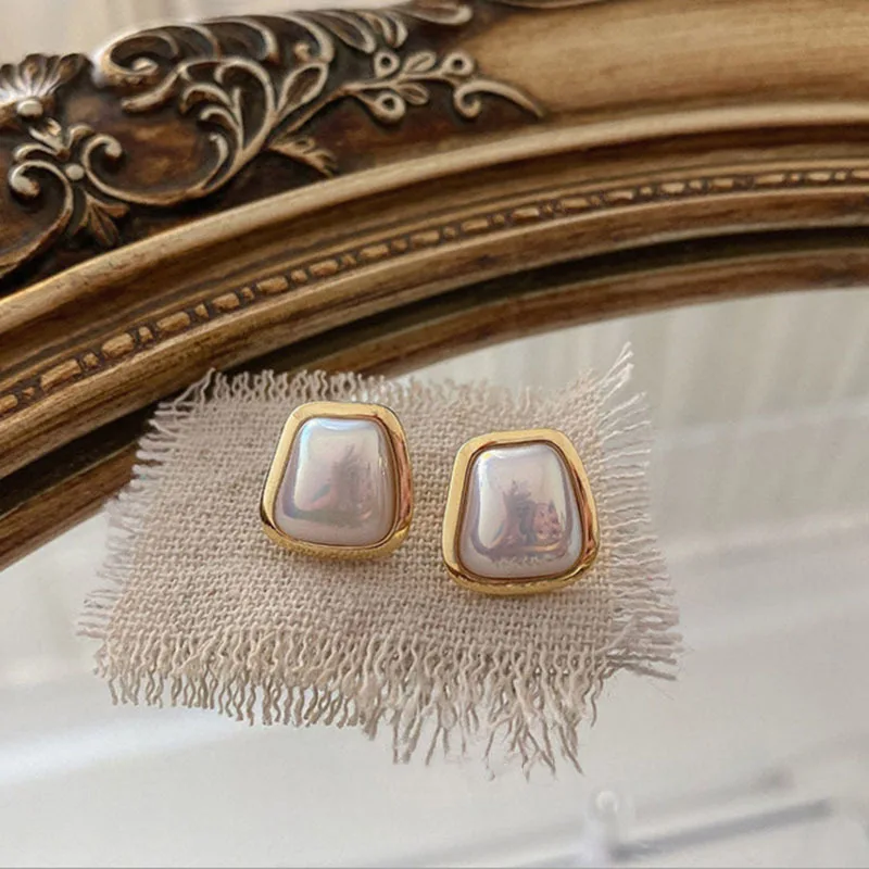 

Korean Geometric Square Pearl S925 Silver Earrings
