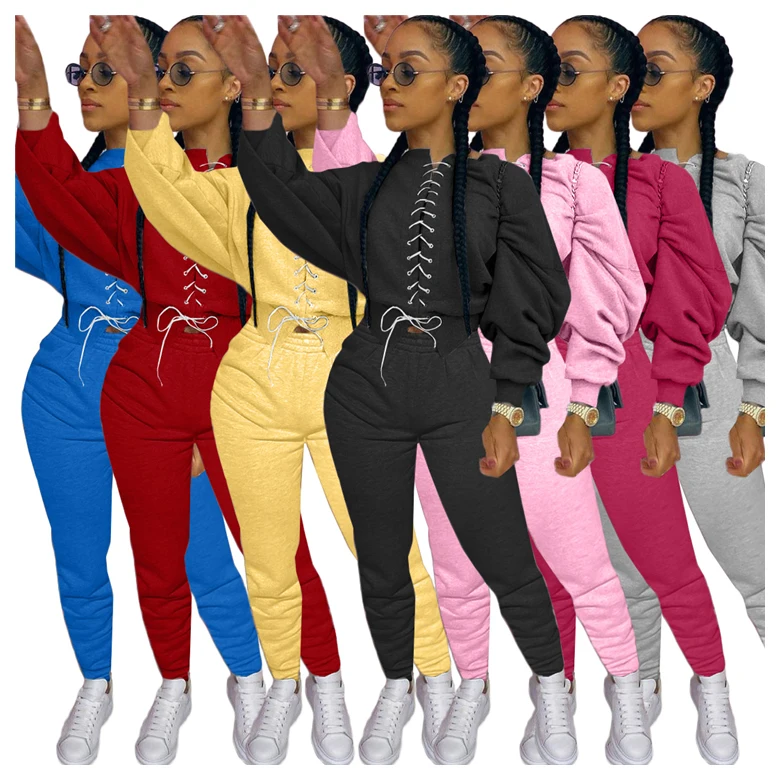 

Womens 2021 Wholesale Clothing Trendy Splice Two Piece Joggers Sets Bandage Outfits 2 Piece Jogging Suits, As picture