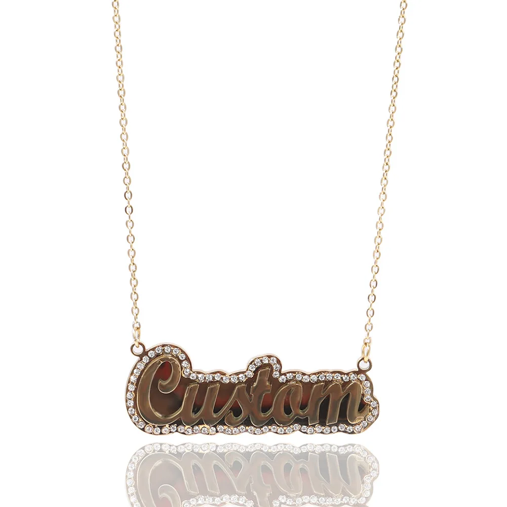 

Custom Name Plate Necklace Crystal Personalized Diamond Customized Stainless Steel Nameplate Name Pendant Necklace, Gold, silver, rose gold