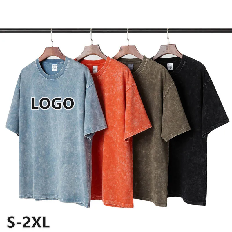 

Acid Washed T Shirts For Men Oversized 330 Gsm Drop Shoulder Vintage Washed Cheap Price Round Neck Custom Logo Printed Tees, As pictures
