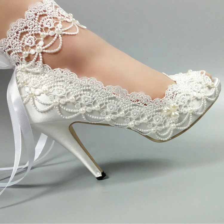 

Morili elegant wedding shoes for bride with pearls MWSB2 white color satin lace women high heel