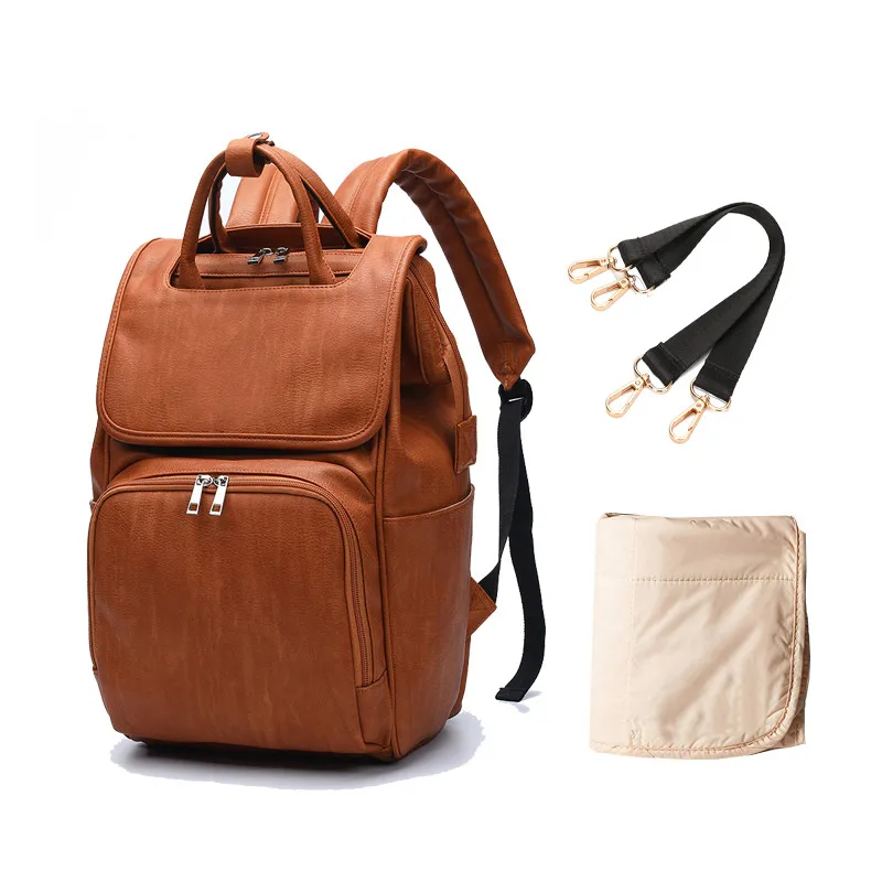 

Pu Leather diaper bag backpack brown Diaper Backpack with Changing Pad stylish design leather baby bag nappy bag