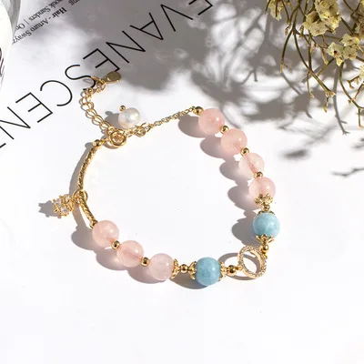 

Sweet Pink Crystal Beaded Bracelets Pearl Pendants Natural Stone Lucky Bracelet For Girl Friends, As picture