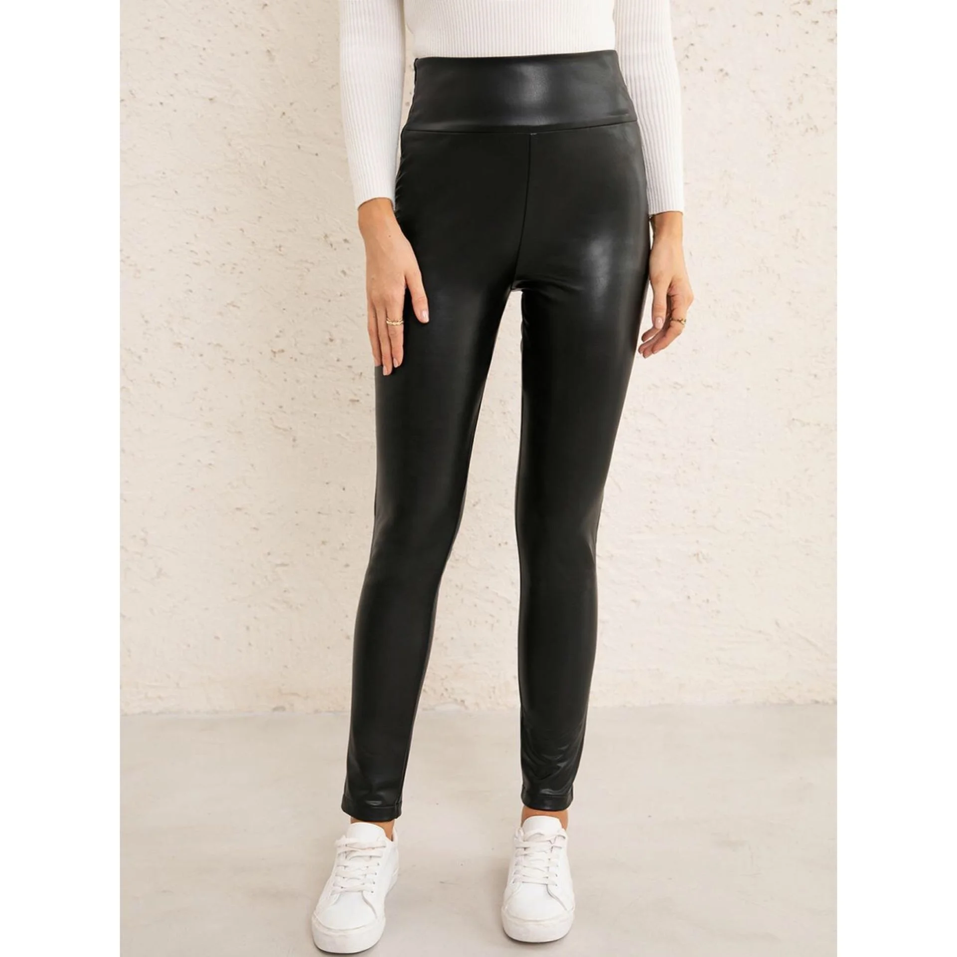 

Free Shipping T663 Casual fashion women's trousers 2021 high waist elasticity slim-fitting tight PU trouser solid elastic waist