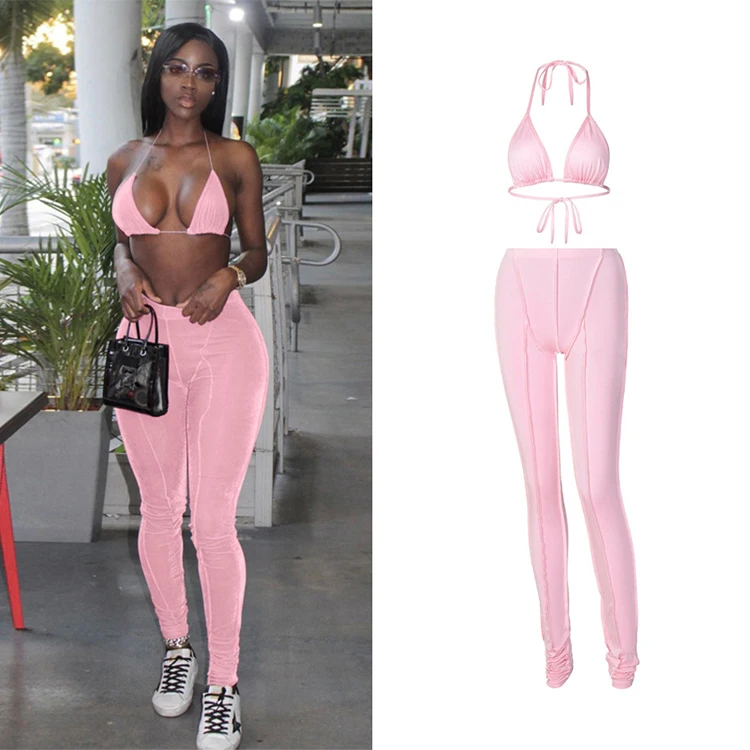 

2021 Summer Fashion Women Outfit Solid Color Lace-Up Ladies Bra And Pant Set Yoga Stacked Trousers Pants Two Piece Set