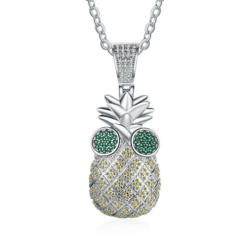 

Fashion Design Hip Hop Jewelry Pineapple Pendant Silver Plated Inlaid AAA Zircon Copper Necklace Wholesale, Silver color