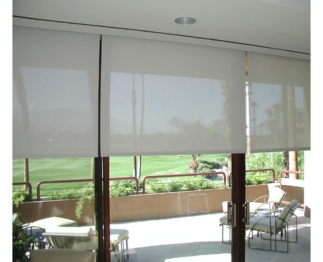 

Waterproof fireproof motorized electric battery operated transparent one way vision perforated screen 250cm width roller shades