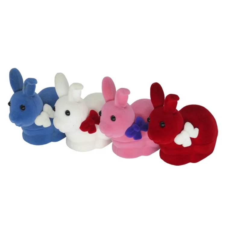 

Animal cartoon rabbit shape plastic flocking ring earring box jewelry packaging box wholesale, Red,white,blue,pink/customized