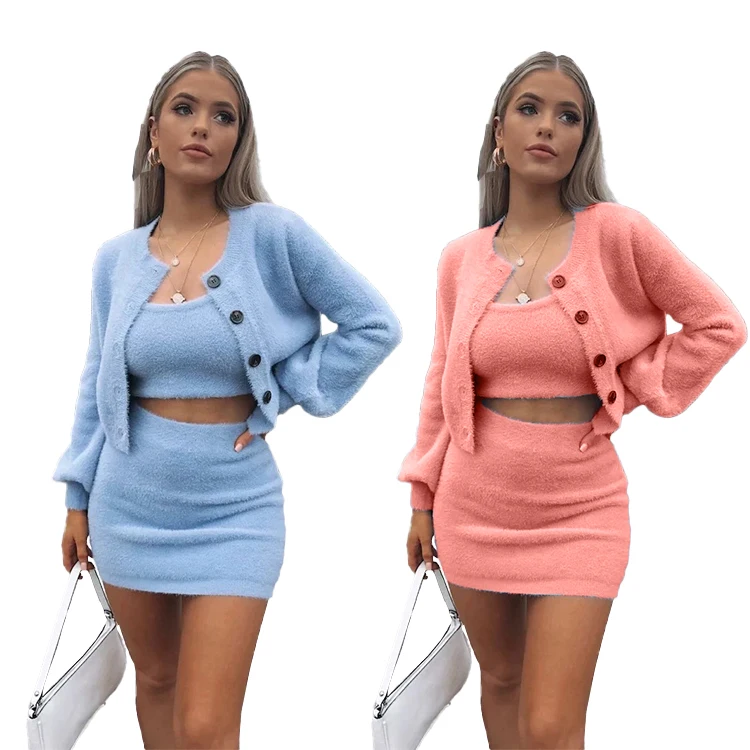

Imitate Mink Velvet Round Neck Knit Cardigan Coat Knit Halter Skirt Three Piece Set Suit 2 Pieces Women Sets Casual 1pc/pp Bag